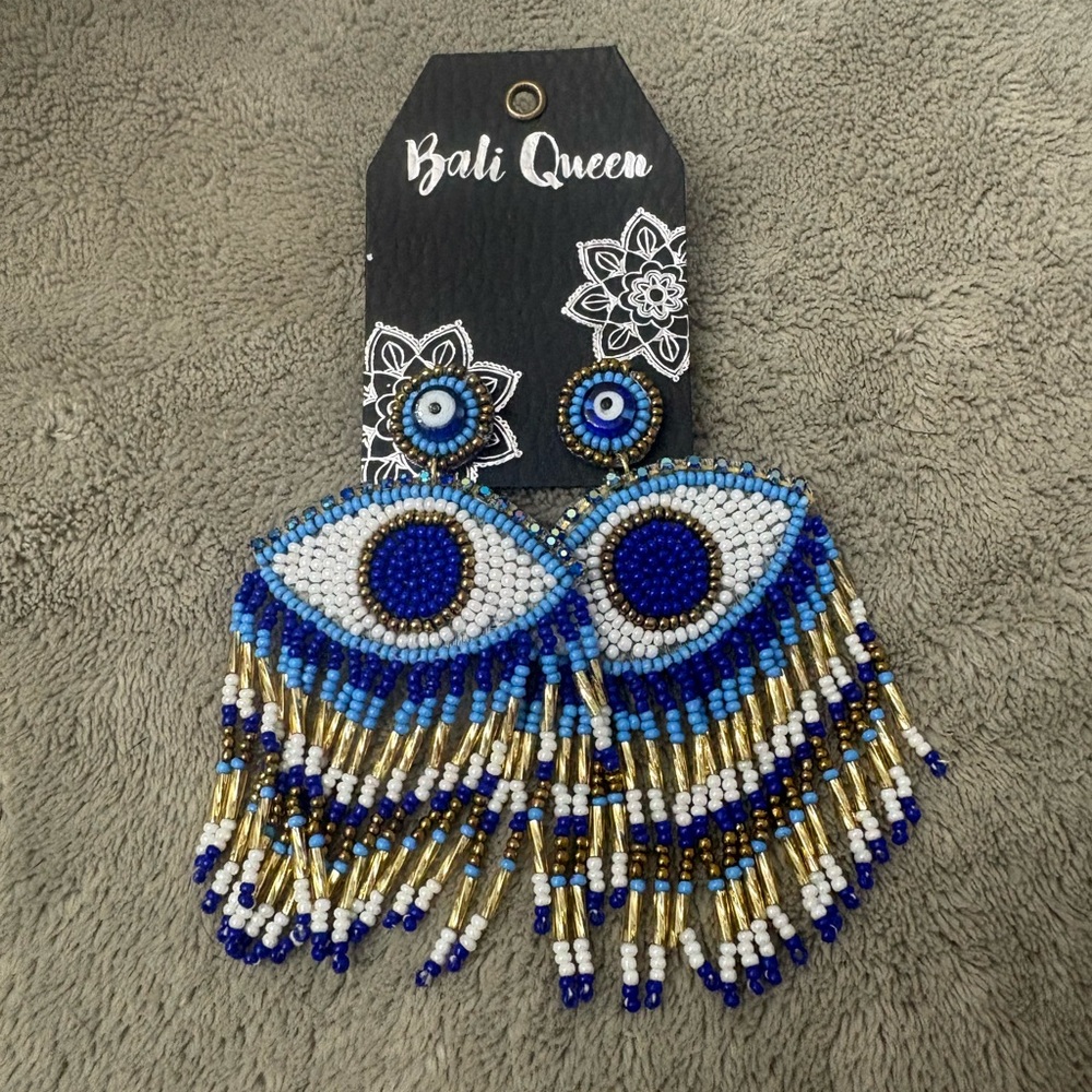 NEW BALU QUEEN Evil Eye Beaded Earrings - Blue and Gold - Picture 3 of 4